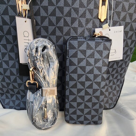 Geometric Tote Handbag Set w/ Wallet Vegan Leather Black Gray 2-in-1 - Picture 5 of 9